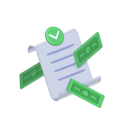 3D render Paper bill of transaction receipt payment icon with green banknotes. Receipt or bill template. Vector render illustrationのイラスト素材