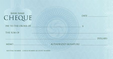 Money Check template, Chequebook paper. Blank blue business bank cheque with guilloche pattern rosette and abstract watermark. Vector Background for voucher design, gift certificate, ticket, coupon.の写真素材