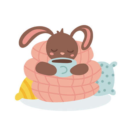 Cute rabbit under a plaid blanket. Animal cartoon character. .Winter concept. Cute bunny wrapped in plaid sitting and drinking tea. Stay home, be warm. Kid graphic.Vector flat hand drawn Illustration.のイラスト素材