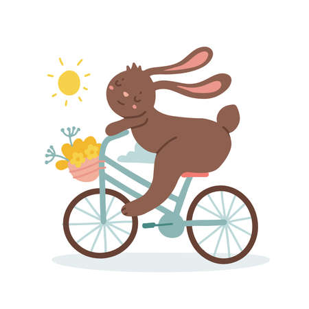 Cute smiling rabbit riding a bicycle with a basket of flowers. Warm spring fun activity. Kids design for cards, clothes, t shirt print. Cozy character. Vector flat illustration isolated on whiteのイラスト素材