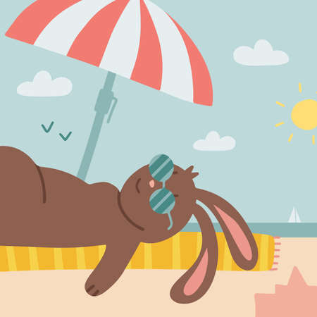 Hand drawn summer landscape with a cute bunny in sunglasses on the beach, lying on striped towels under parasol. Isolated objects. Design concept kids. Vector flat illustration.のイラスト素材