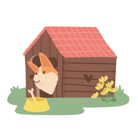 Corgi Dog siting in doghouse with bowl. Barkitecture, pet hotel or daycare concepts. Flat vector illustration isolated on white background. Cute cartoon pet character in kennel.のイラスト素材