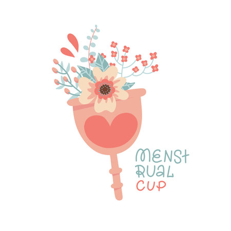 Isolated Menstrual cup with flowers and leaves. Eco friendly protection for woman in critical days. Vector flat hand drawn illustration on white background.のイラスト素材