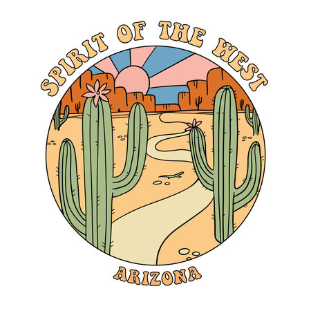 Spirit of the west roud badge - Grand Canyon landscape with mountains, rocks, stones and cactuses. Arizona state illustration for sticker or emblem with slogan in retro style. Vector illustration.のイラスト素材