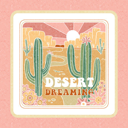 Desert Dreaming Arizona sticker. Arizoma vibes graphic print design for apparel, posters. Outdoor western vintage artwork. Joshua desert t-shirt. Outline vector hand drawn illustrationのイラスト素材
