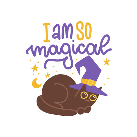Lettering social media sticker with cute Sitting black cat in a magic hat. hand drawn quote - I am so magical. Flat cartoon vector illustration isolated on a white background.のイラスト素材