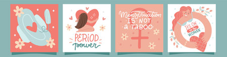 Set of female periods cards. Menstrual cycle concept. Woman critical days. Feminine hygiene...