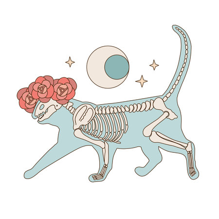 Boho spooky outfit print. Skeleton cat in roses flower wreath with crescent and stars. Design for Halloween and Mexican holiday Day of the Dead. Linear aesthetic hand drawn vector illustration.のイラスト素材