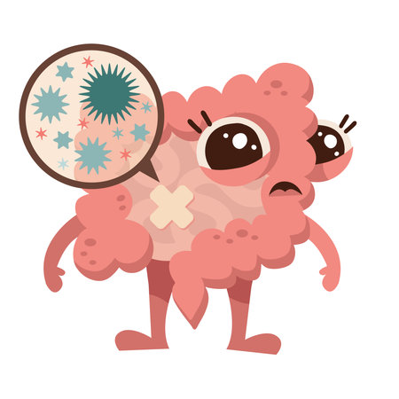 Microscopic bad bacterias. Human bad microflora, viruses in sick unhealthy Intestine character. Vector flat illustration icon cartoon mascot design. Human intestine microflora. Digestive tractのイラスト素材