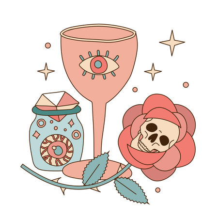 Rose skull with sacred mystical goblet and potion with human eye in a jar. 70s retro boho concept isolated linear vector illustration. Old Schoolのイラスト素材