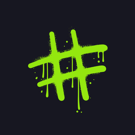 Sign of hashtag - Urban street graffiti lettering in grunge y2k style. Splash effects and drops texture. Neon green symbol is sprayed on black background. Vector hand drawn illustration,のイラスト素材