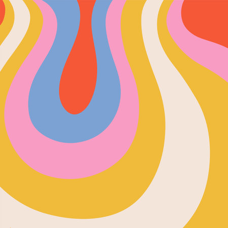 Abstract square background with colorful waves. Trendy hand drawn vector illustration in style retro 60s, 70s. Bright groovy colorsのイラスト素材