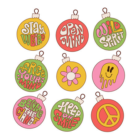 Big retro groovy set of Christmas balls with hippie lettering wishing quoted and decor isolated on a white background. Trendy contour vector illustration in style 70s, 80sのイラスト素材