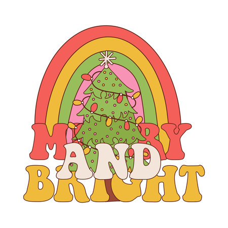 Christmas sublimation typographic print with rainbow and decorated fir tree. Cute groovy retro design for posters, cards, banners, wall decor and stickers. Vector linear illustration.のイラスト素材