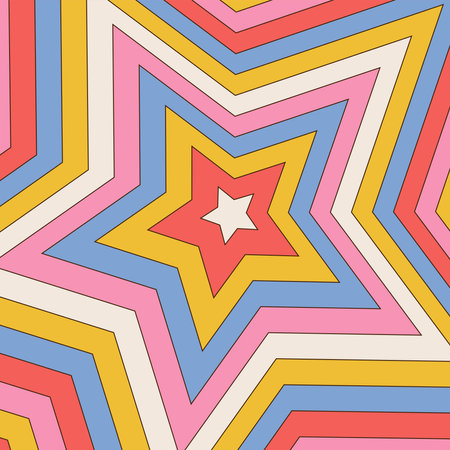 Groovy retro starburst square background with a bright vintage color palette in a spiral or swirled radial striped design. Star concentric tunnel. Vector contour design.のイラスト素材