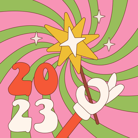 Groovy Christmas square poster, 50s retro greeting card. Gloved Hand holding sparkler in trendy...