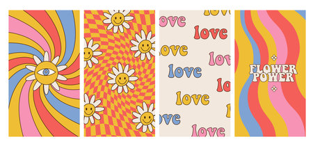Groovy hippie 70s posters set. Funny cartoon flower power, rainbow, love, daisy, distorted checkered...