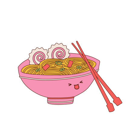 Ramen noodles bowl kawaii cartoon mascot. Asian food cute character. Vector hand drawn contour illustration isolated on white background.のイラスト素材