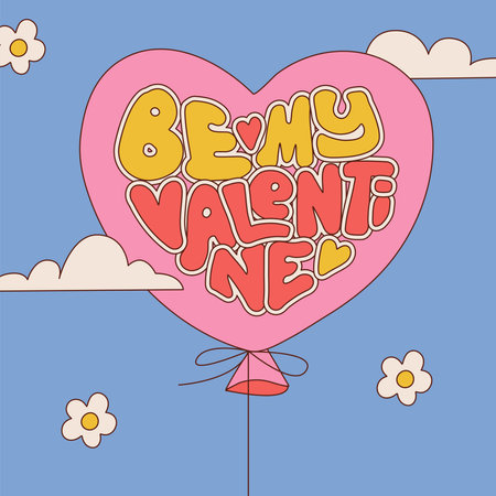 Heart-sharped balloon with love lettering - Be my Valentine. Groovy Valentines Day card. Love is in the air concept. Vector 70s terto style illustration.のイラスト素材