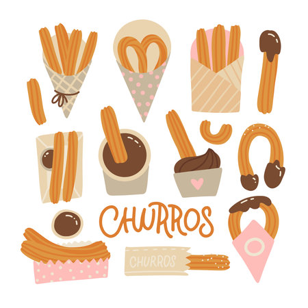 Churros set . Mexican chocolate confection. Churro food in different packages. Flat hand drawn vector illustration.のイラスト素材