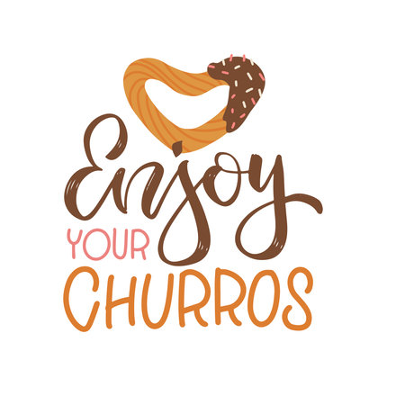 Enjoy your churros - hand drawn lettering quote with spanish heart shaped dessert on a white background. Vector flat typography illsutration.のイラスト素材