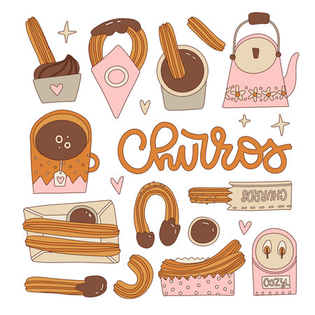 Set of churros, different ways of cooking and serving churros. Churro is a traditional Spanish dessert. Contour vintage vector illustration for menu, sign, banner, poster, etc.のイラスト素材