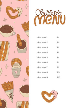 Cute chorrus menu template with various Latin American traditional bakery and pastry. Vector hand drawn cartoon or sketch style illustration.のイラスト素材