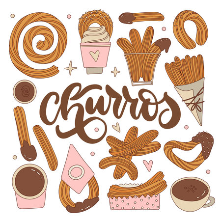 Set of different churros with chocolate sauce cups. Mexican sweet snack collection. Hand drawn contourvector illustration. Churro sticks in paper bag, bowl with hot chocolate. Retro design.のイラスト素材