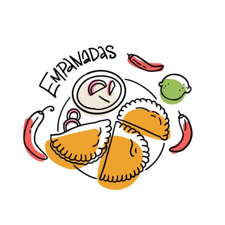 Mexican Empanadas with chili peppers, sauce and lime on white background with abstract colorful shapes. Vector sketch illustration latin american food in linear doodle style for packaging, sublimationのイラスト素材
