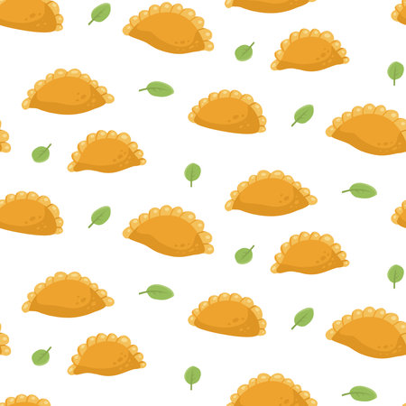 Empanadas seamless pattern. Fried pie background with green leaves. Traditional Latin American and spanish fast food. Empanada in flat style illustration for cafe fast food design.のイラスト素材