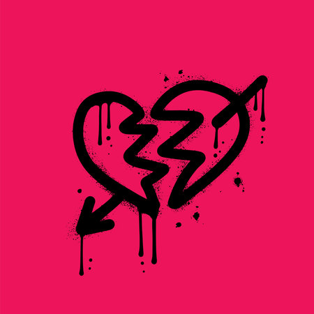 Spray Painted Urban Graffiti Broken heart icon. Sprayed vector illustration isolated. Textured grafitti love break with over spray in black over magenta.のイラスト素材