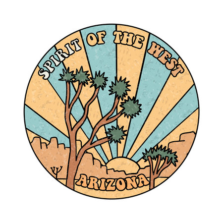 Joshua tree round badge design for apparel and others. Spirit of the West, Arizona textured print design. Linear vector hand drawn illustration.のイラスト素材