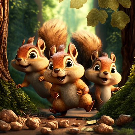 Tree funny squirrels in summer forest. 3d realistic cartoon characters.の写真素材