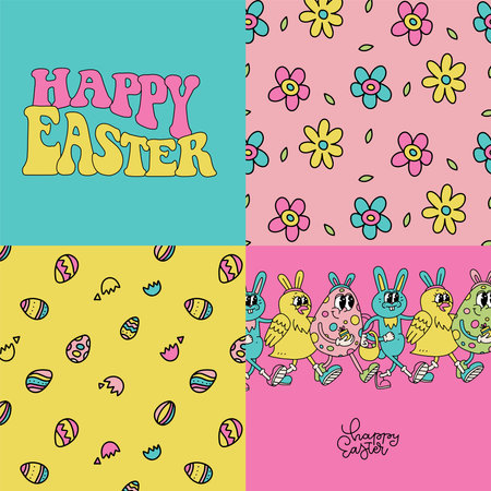 Retro greeting Easter cards set in vivid groovy 70s-80s style. Spring backgrounds, retro cartoon characters and lettering text. Vector contou hand drawn illustration.のイラスト素材
