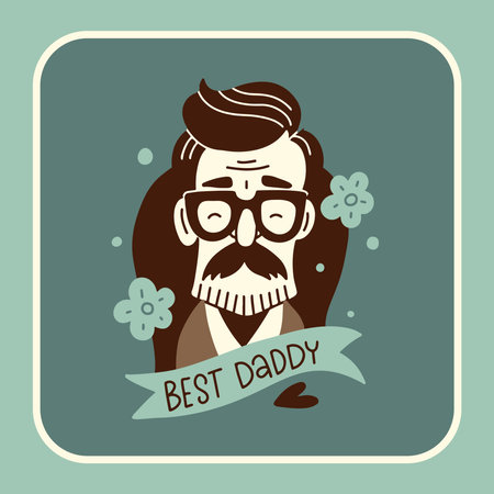 Happy Fathers Day greeting card with male fave with mustache and eyeglasses. Best daddy lettering text. Isolated retro colors flat vector illustration.のイラスト素材