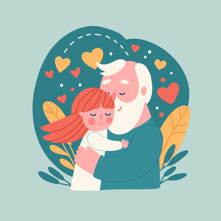 Old man, grandfather, hugs a girl, his granddaughter. Best grandpa ever card concept. Vector flat hand drawn illustration with floral background.のイラスト素材
