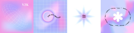 Holo lilac Gradient aesthetic vibe square banners set, inspiring abstract design. Fluid trend gradient background. Y2k aesthetic. Modern minimal cover. Linear pink flyer on soft background. Vectorのイラスト素材