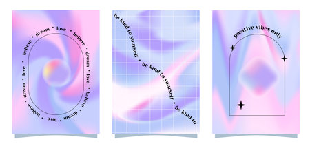 Trendy y2k blurred holographic style a4 posters set with linear geometric shapes and gradient background. Modern minimalist print with simple figures and graphic elements. vector banner templateのイラスト素材