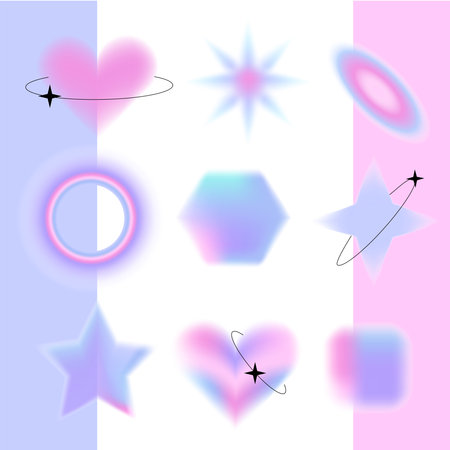 Y2k blurred gragient elements set. Star, heart, square, oval, circle abstract geometric shape in...
