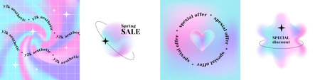 Set of abstract square posters with mesh blurred gradients and line graphic elements. Cute template...