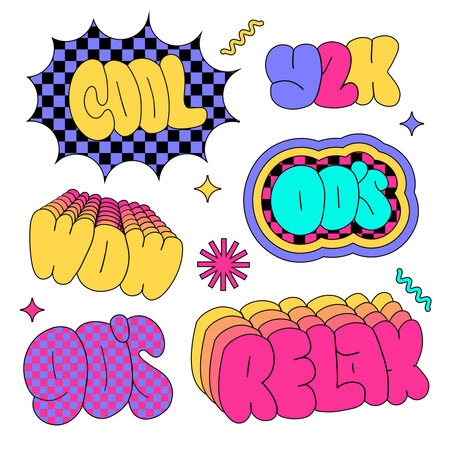 Popular 90s words retro lettering sticker set in vivid intage vibe style. Hand drawn typography vector illustrations - cool, y2k, wow, 00s, relaxのイラスト素材