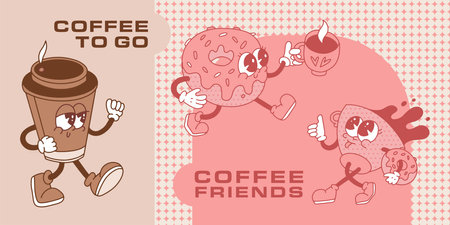 Monochrome Retro Cartoon posters set for coffee shop with mascot coffee cups and donuts in wintage 50s 60s aesthetic style. Marketing banner material. Contour vector illustration.のイラスト素材