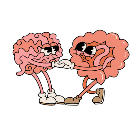 Gut-brain connection isolated concept. Groovy friendly organs characters. Health of the brain and the gut are interwinded. Editable vector illustration in a flat contour 70s retro cartoon style.のイラスト素材
