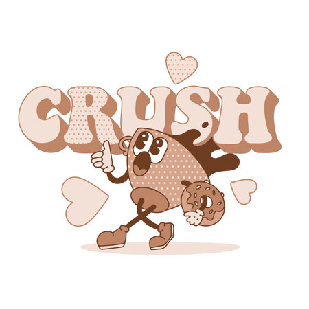 Crush - vintage lettering word with retro cartoon coffee cup character and hearts. Monochrome 70s Groovy Themed in Hand Drawn style. Hippie contour vector illustration for girl tee, t-shirtのイラスト素材
