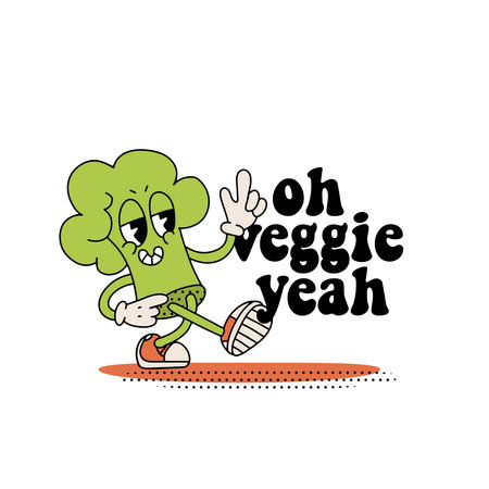 Oh veggie yeah - motivation quote card, banner, poster with retro cartoon chracters of vegetables. Motivational healthy lifestyle typographic phrase. Hand rdawn vector contour illustration.のイラスト素材