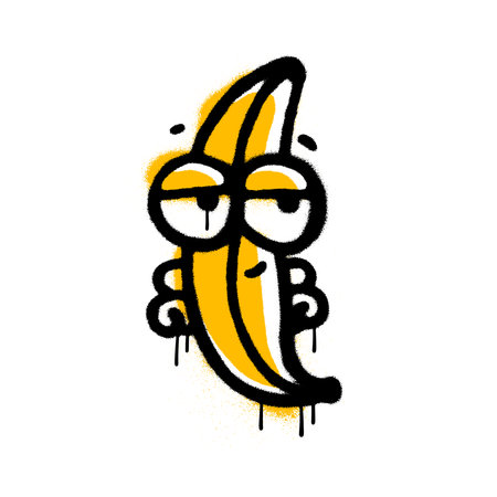Urban graffiti banana character sprayed in black over white with yellow filling. Textured spray vector illustration isolated on white.のイラスト素材
