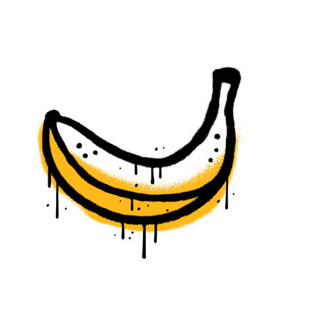 Graffiti banana icon with leaks and pdops im urban graffiti style. Vector hand drawn textured illustration with black contour and yellow filling.のイラスト素材