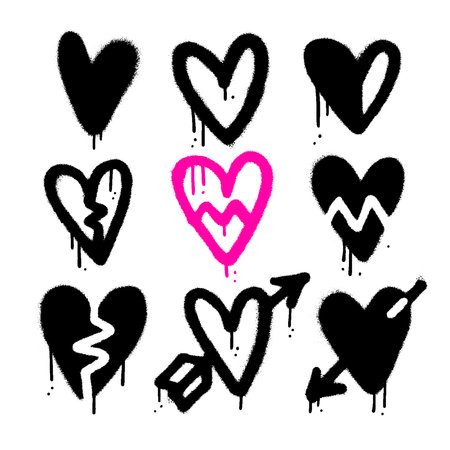 Urban graffiti spray ink hearts set. Valentine day heart elements, ink graphic leaks and stains. Abstract paint love and romantic symbols, rough wedding neoteric decor, broken heart icon. Vector.のイラスト素材