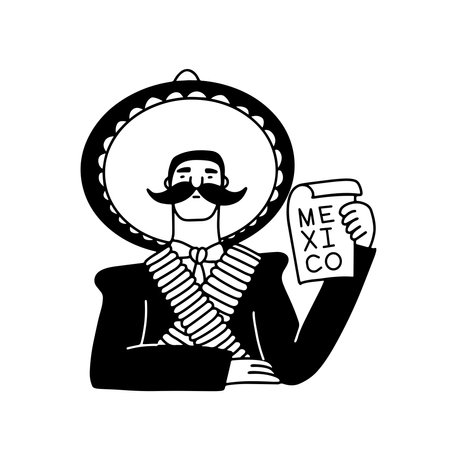 Emiliano Zapata mexican revolutionary hero character in doodle style. Male mexican with crossed ammunition belts, sombrero and paper sheet. Linear isolated vector illustration black on white.のイラスト素材