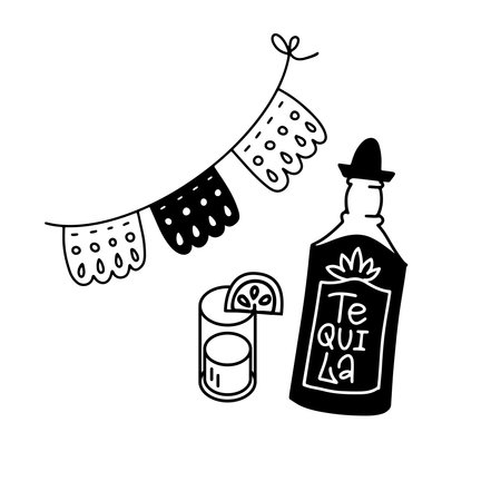 Cinco de mayo sticker in doodle style. Bottle of tequila with glass and Papel Picado, isolated black over white vector illustration design.のイラスト素材